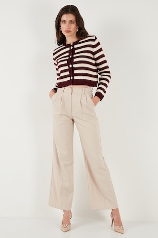 Lela Çizgili Oversize Fit Bisiklet Yaka Düğmeli Crop Triko Bayan Hırka 4615567 Bordo