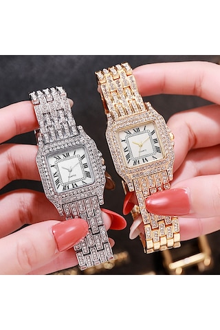 Vkemall Kadınlar İçin Roman Desenli Tam Taşlı Kare Kadran Kvartz Kol Saati - Xr4565 Modeli Gümüş Renkli Zeytinyağlı Kordonlu Elegan Saat Silver