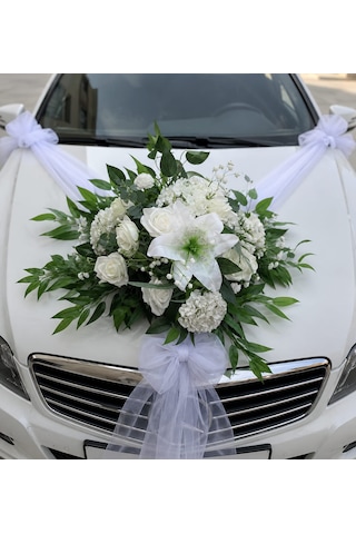 50 Cm Vantuzlu Gelin Arabası Süsü Beyaz Lilyum Ve Güllü 2 Metre Beyaz Tül Dahil Düğün Arabası Kaput Süsü Çok Renkli