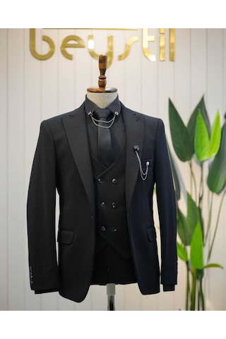 Beystil Sivri Yaka Siyah Takım Elbise Elanor - Slim Fit Siyah