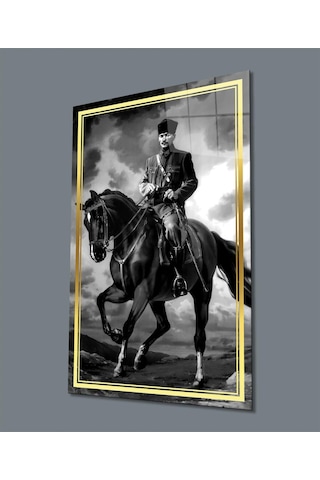 Atatürk At Üstünde Siyah Beyaz Cam Tablo Hediyelik Büyük Tablo Ev Ofis Dekoru