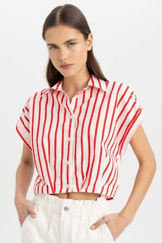 Defacto Crop Çizgili Kısa Kollu Poplin Gömlek C8748AX24SMRD117 Kırmızı