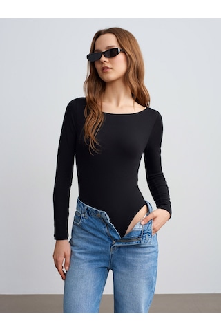 Dilvin 32549 Kayık Yaka Bodysuit-siyah Siyah