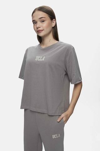 Ucla Manuela Gri Bisiklet Yaka Tshirt Nakışlı Loose Fit Kadın Tshirt Gri