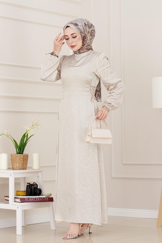 Banu Yanı Bağcıklı Saten Abiye-bej-4951