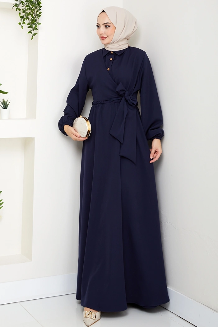 Çapraz Bağlamalı Gömlek Yaka Elbise 1636 - Lacivert Lacivert