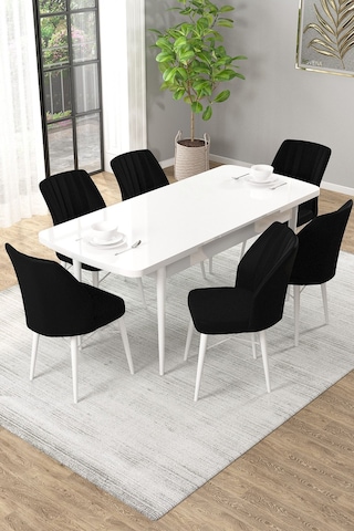 Arel Beyaz 80x132 Açılabilir Mdf Masa Yemek Odası Takımı, Mutfak Takımı 6 Adet Sandalye Beyaz Masa - 6 Siyah - Beyaz Ayak