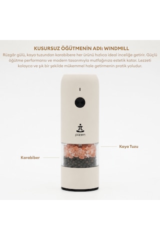 Pizen Windmill Usb Şarjlı Otomatik Baharat Öğütücü Led Işıklı Ayarlanabilir Tuz Karabiber Değirmeni Bej