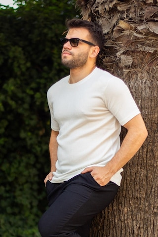 Erkek Beyaz Krep Kumaş Rahat Salaş Esnek Bisiklet Yaka T-shirt 23etshtarp 001