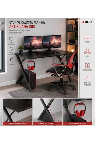 Modern X Ayaklı Çalışma Ve Oyuncu Masası Geniş Yüzeyli Bilgisayar Masası Siyah