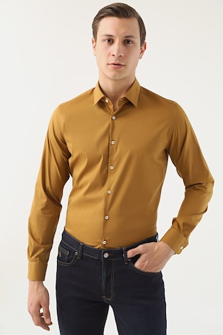 D's Damat Slim Fit Hardal Düz Stretch Gömlek 7ef02ee44324d Hardal