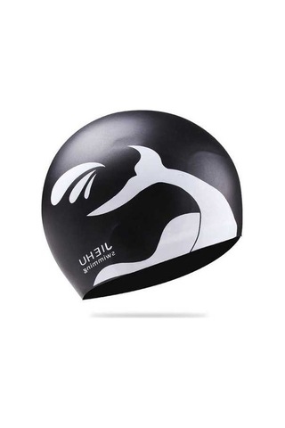 Dm Erkek Ve Kadın Büyük Boy Yunus Desenli Siyah Silikon Yüzme Bonesi Siyah