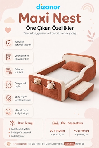 Dizanor Maxi Nest Montessori Çocuk Karyola Yatak Seti Kiremit Fitilli 140 X 200