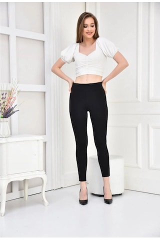 Kadın Siyah Simli Tek Şerit Toparlayıcı Yüksek Bel Tayt Siyah