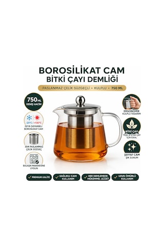 Borosilikat Cam Demlik 750 Ml,paslanmaz Çelik Süzgeçli,ısıya Dayanıklı, Kulplu Çay Demliği Diğer