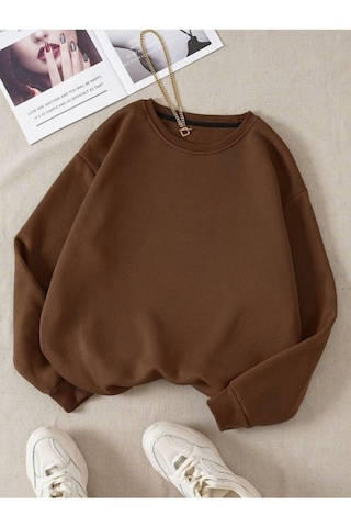 Baskısız Düz Sweatshirt - Kahverengi Kalın Kışlık Şardonlu Uzun Kol Oversize Bisiklet Yaka Kahverengi