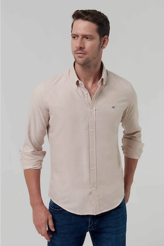 Ds Damat Slim Fit Bej Oxford Düğmeli Yaka Kolay Ütülenebilir Nakış Detaylı Pamuklu Gömlek 4HC02ORT03265 Bej