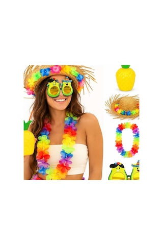 4 Parça Hawaii Parti Seti Ananas Bardak Hasır Şapka Avokado Gözlük Çiçek Kolye Evimdeyokyok