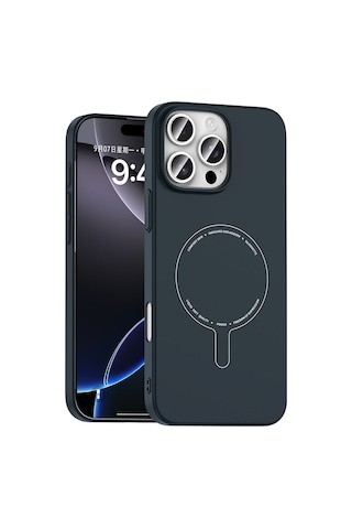 Apple iPhone Uyumlu 16 Pro Kılıf M-safe Şarj Özellikli Kamera Korumalı Zore Elio Sert Pc Kapak - Lacivert