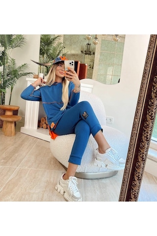 Kadın Indigo Kapşonlu Etek Ucu Detay Arma Ters Dikiş Gorunumlu Ikili Takım Mavi