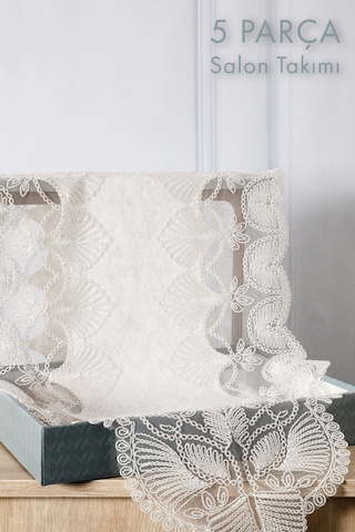 Avangart Kadife Fransız Güpürlü 5 Parça Salon Takımı - Ekru