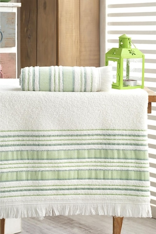 Louis Marie Saçak Detaylı Pamuklu Banyo Havlu Seti 2'li Fıstık Yeşili 50 x 90 + 70 x 140 CM Fıstık Yeşil