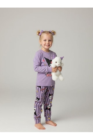 Kız Çocuk Pamuklu Baskılı Pijama Takımı-16830 Mor