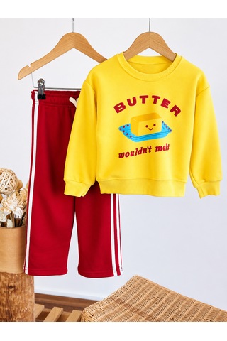 Elzo Collection Erkek Çocuk Butter Ön Arka Baskılı Üst Çizgili Alt 3 İplik Kumaş Alt Üst Takım Çok Renkli