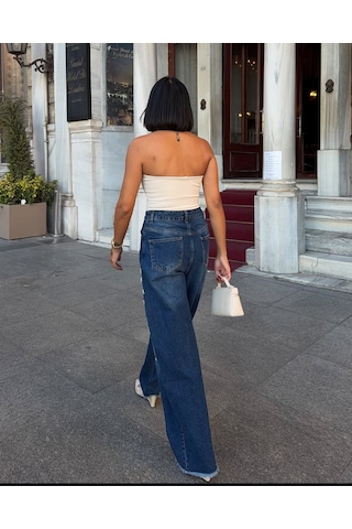 Genel Taş Detaylı Bol Paça Jeans Koyu Lacivert