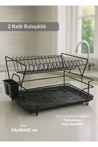 Jet's Home 2 Katlı Bulas Iklık C Elik Tezgah U Stu Tabaklık Bpa Free Bulas Ik Sepeti Kurutmalık Siyah siyah