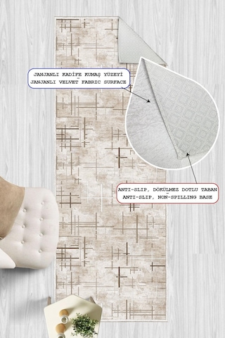 Dijital Baskılı Dekoratif Kaymaz Taban Yıkanabilir Kilim Yolluk Antre Hol Halısı Salon Halısı Bej