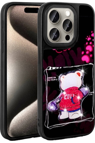Zore Apple Uyumlu iPhone 15 Pro Kılıf Parlayan Kabartmalı İkonik Figürlü Amas Silikon Kapak - Pembe