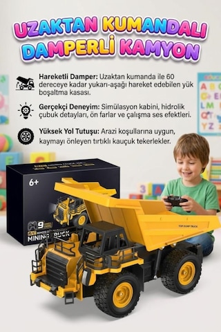 Uzaktan Kumandalı 9 Fonksiyonlu 2.4Ghz 30cm Şarjlı Sesli Işıklı Hareketli Damperli Oyuncak Kamyon