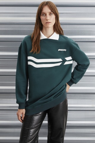 ETHIQUET AR ENE Kadın Içi Polarsız Polo Yaka Parça Baskı Detaylı Yeşil Sweatshirt