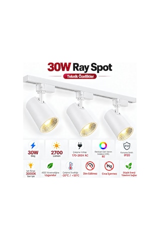 30w Led Ray Spot Seti 3'lü Beyaz Kasa 3000k Sarı Işık 2700 Lümen 1 Metre Ray Dahil Ayarlanabilir Başlıklı Cob Led Mağaza Vitrin Ofis Ve Ev Aydınlatma Seti Diğer