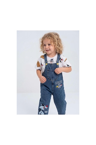 Nota Kids Baskılı Çocuk Kot Salopet Trend 2 Parça Kombin 3-6 Yaş Çok Renkli
