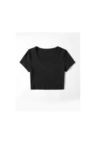 U Yaka Siyah Renk Fitilli Kısa Kollu Regular Crop Top Bluz Siyah