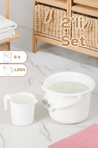 Porsima 2 Li Banyo Balkon Temizlik Seti 8l Kulplu Kova 1,65l Maşrapa Banyo Seti Beyaz Beyaz