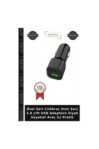 Özel Seri C10araç Hızlı Şarj 3.0 Çift Usb Adaptörü Siyah Seyahat Araç İçi Pratik
