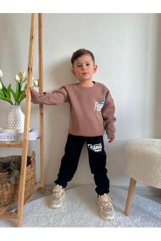 Jolly Kids Erkek Çocuk Baskılı Sweatshirt Takım Kahverengi