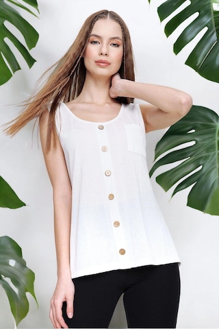 WeShaya Kadın Ekru Sıfır Kol Detaylı Regular Kesim Standart Boy Askılı Düğmeli İnce Örme Triko Bluz Ekru