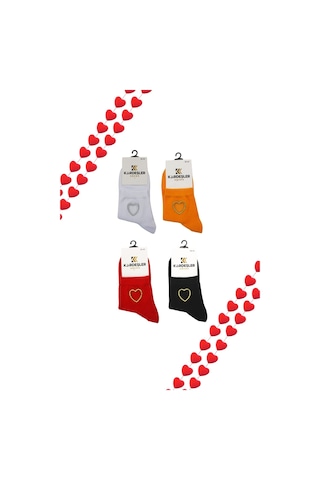 Kadın Çok Renkli Yarım Konç Pamuklu Çorap Kalp Desenli 4'lü Paket Çok Renkli