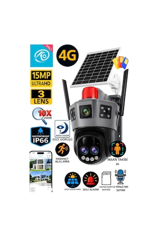 Vn Okam 6020 15mp 3 Lensli 4g Solar Güneş Enerjili Akıllı Güvenlik Kamerası Gece Görüş İnsan Takibi