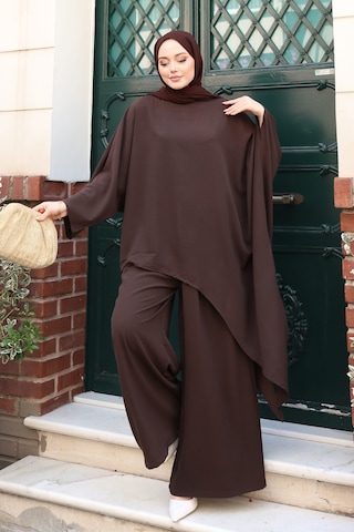 Balenbi Kadın Linda Kumaş Asimetrik Tunik Bol Paça Pantolon Oversize Tesettür Takım 1231 Acı Kahverengi