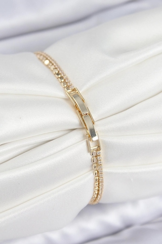 Pirinç Zirkon Taşlı Ezme Zincirli Kalp Model Gold Renk Kadın Bilekilk Çok Renkli