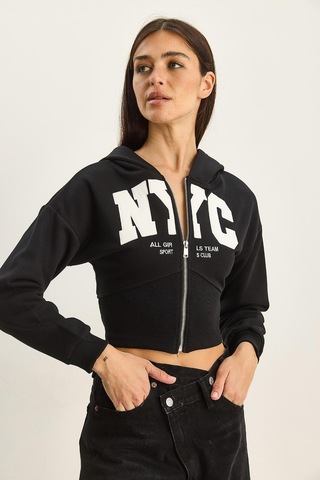 Shade Kadın Nyc Nakışlı Üç İplik Şardonlu Kapüşonlu Crop Hırka 6942 60283794 - Siyah