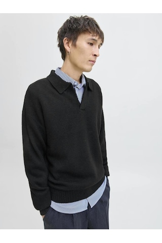 Jack & Jones Jjsoho Ollıe Knıt Splıt Neck Ln Yakalı Kazak Siyah