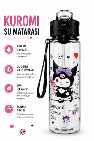 Fenomen Kuromi Pipetli Matara 750 Ml Büyük Boy Askı Aparatlı Çantanın En Şirin Eşyası Kuromi Matara Siyah