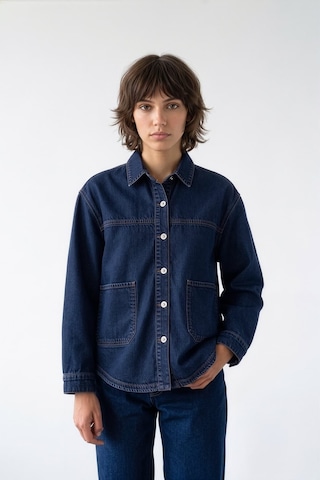 Kadın Gömlek Yaka Oversize Koyu Mavi Jean Ceket