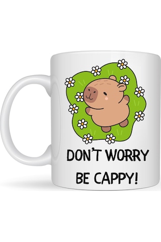 Don T Worry Be Cappy Tasarım Kupa Model 231 Sevimli Kapibara Baskılı Seramik Kahve Kupası Çok Renkli